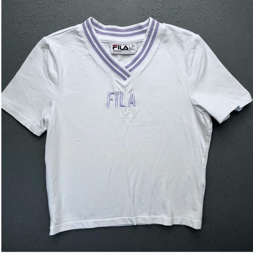 Fila Womens White V-Neck T-Shirt Purple Striped Trim Embroidered Logo Size S